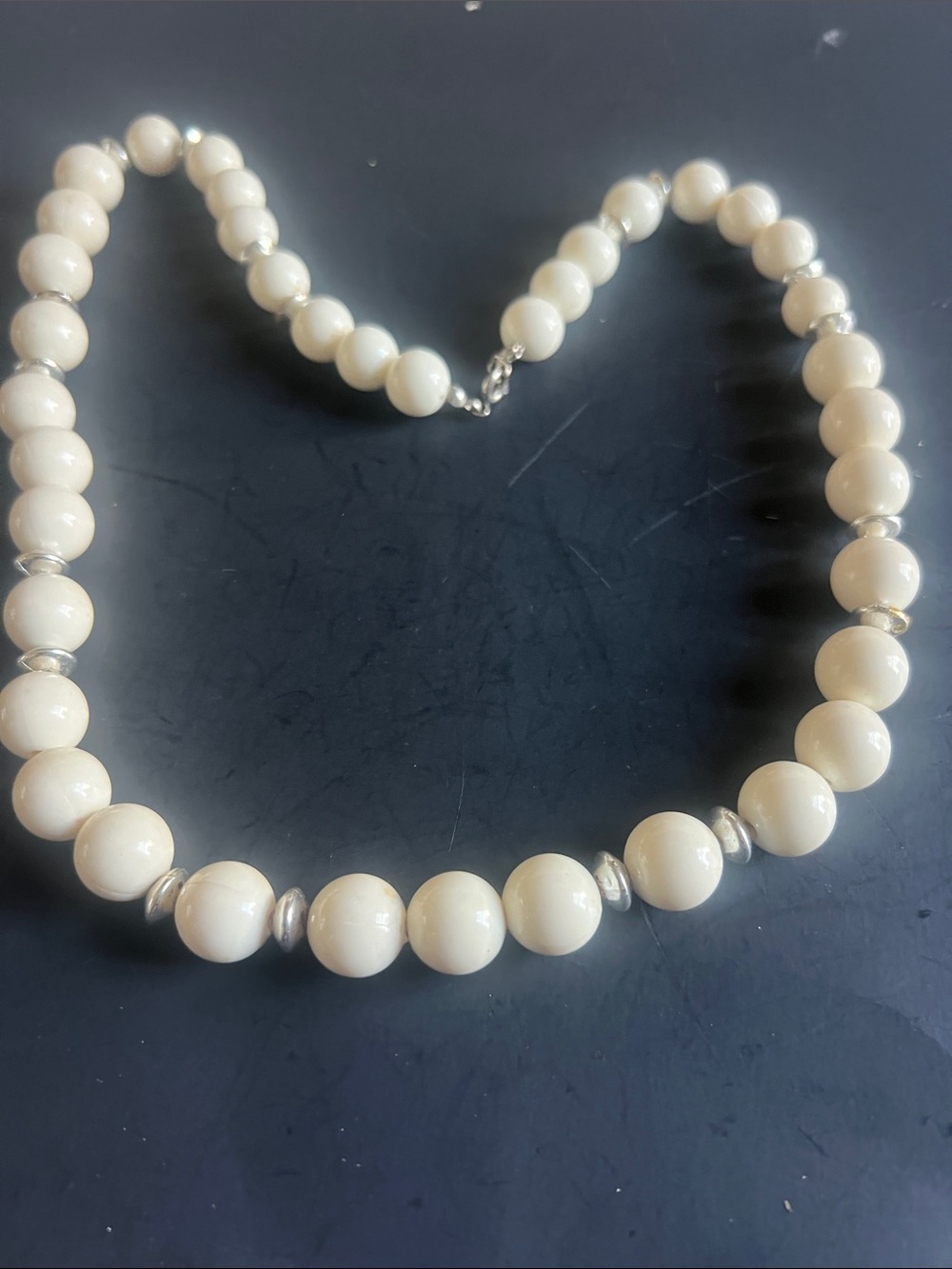 Classic Cream Beaded Necklace with Silver Accents -23 inches